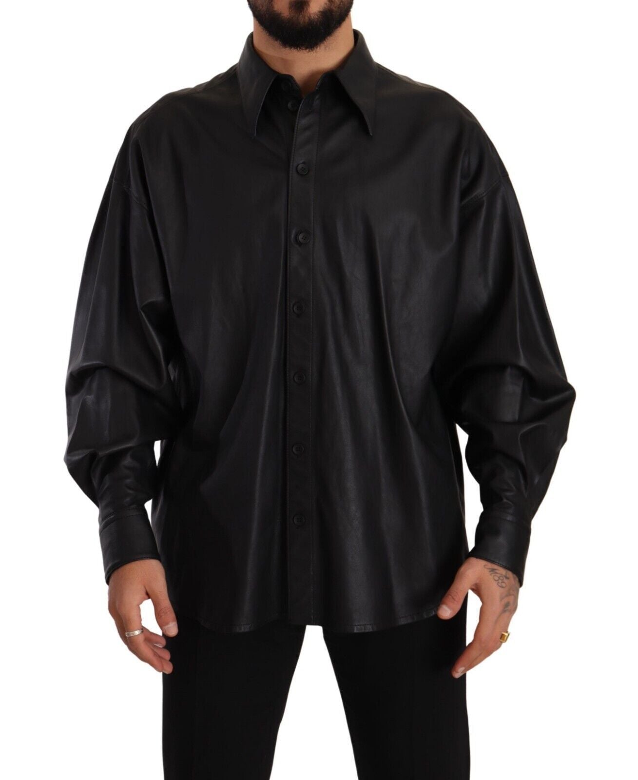 Dolce & Gabbana Black Leather Button Down Men Collared Jacket Dolce & Gabbana