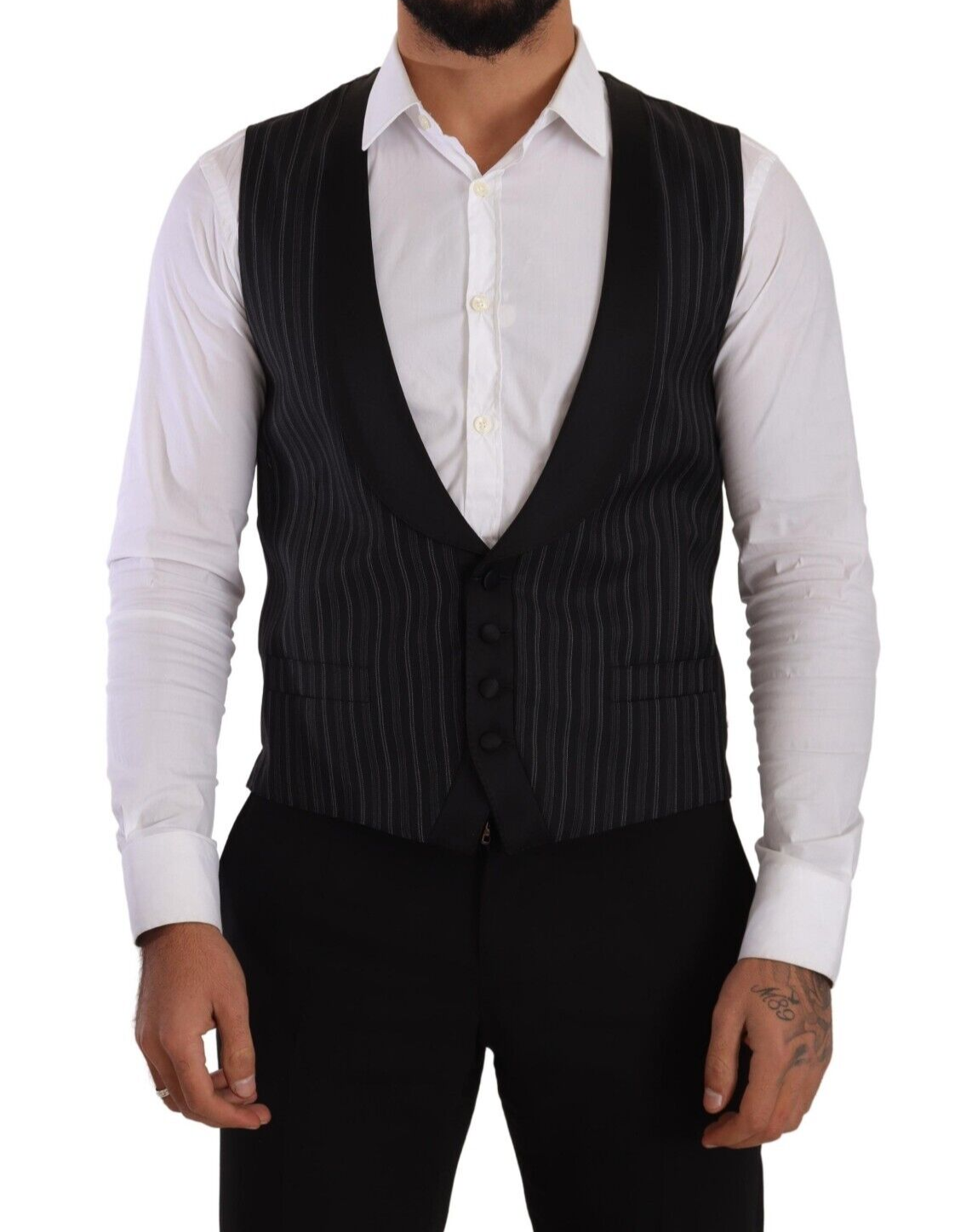 Dolce & Gabbana Black Striped Wool Silk Waistcoat Vest Dolce & Gabbana