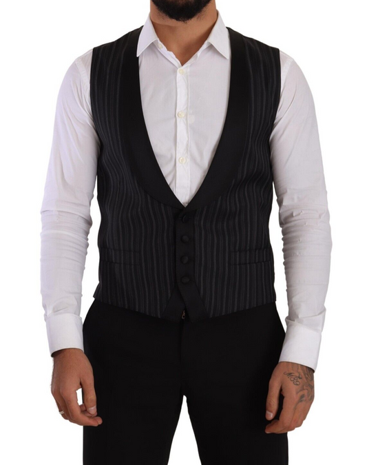 Dolce & Gabbana Black Striped Wool Silk Waistcoat Vest Dolce & Gabbana