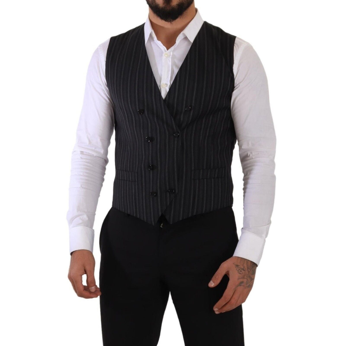 Dolce & Gabbana Gray Striped Double Breasted Waistcoat Vest