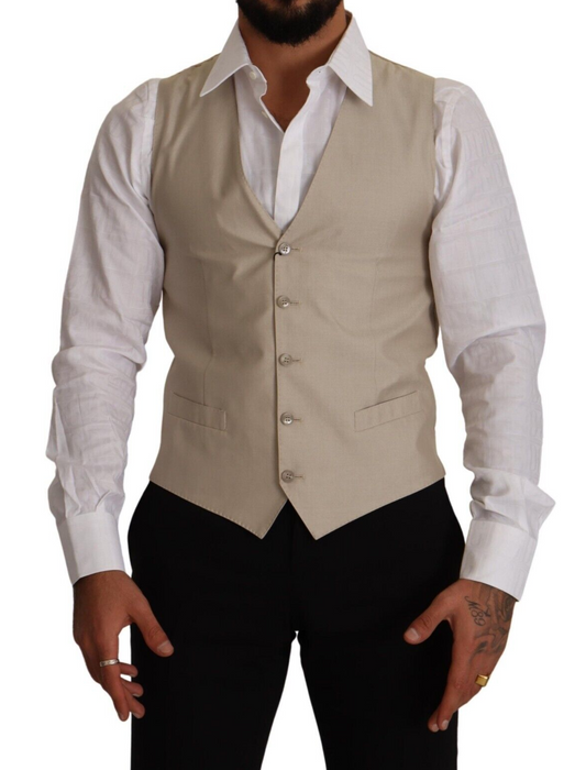 Dolce & Gabbana Beige Cotton Silk Slim Fit Waistcoat Vest Dolce & Gabbana