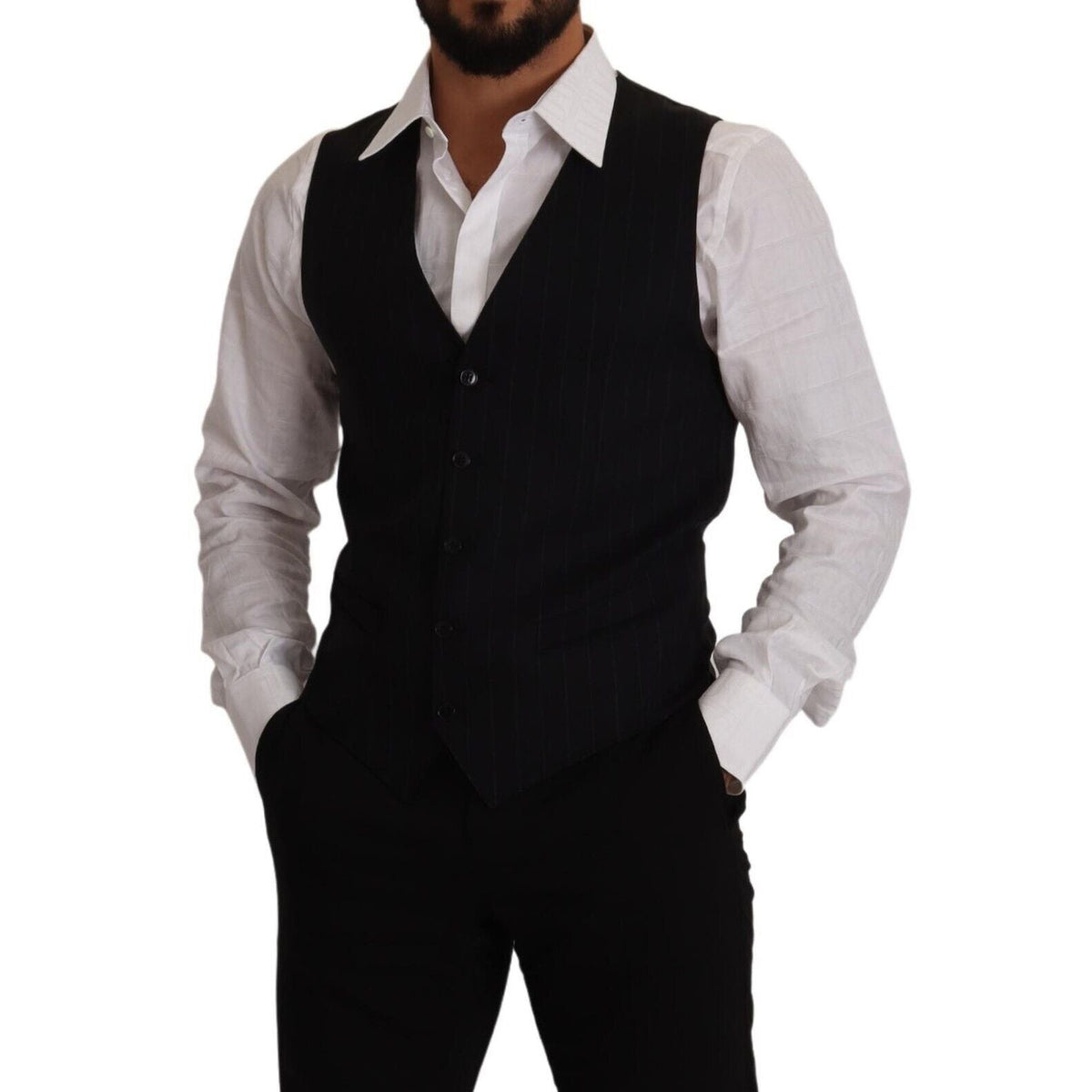 Dolce & Gabbana Blue Striped Wool Stretch Waistcoat Vest