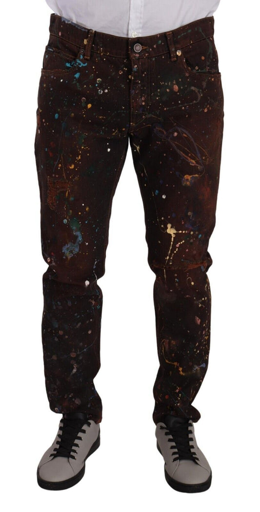 Dolce & Gabbana Brown Splash Color Cotton Regular Denim Jeans Dolce & Gabbana