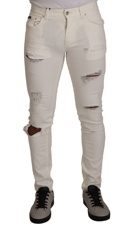 Dolce & Gabbana White Tattered Skinny Cotton Men Denim Jeans Dolce & Gabbana