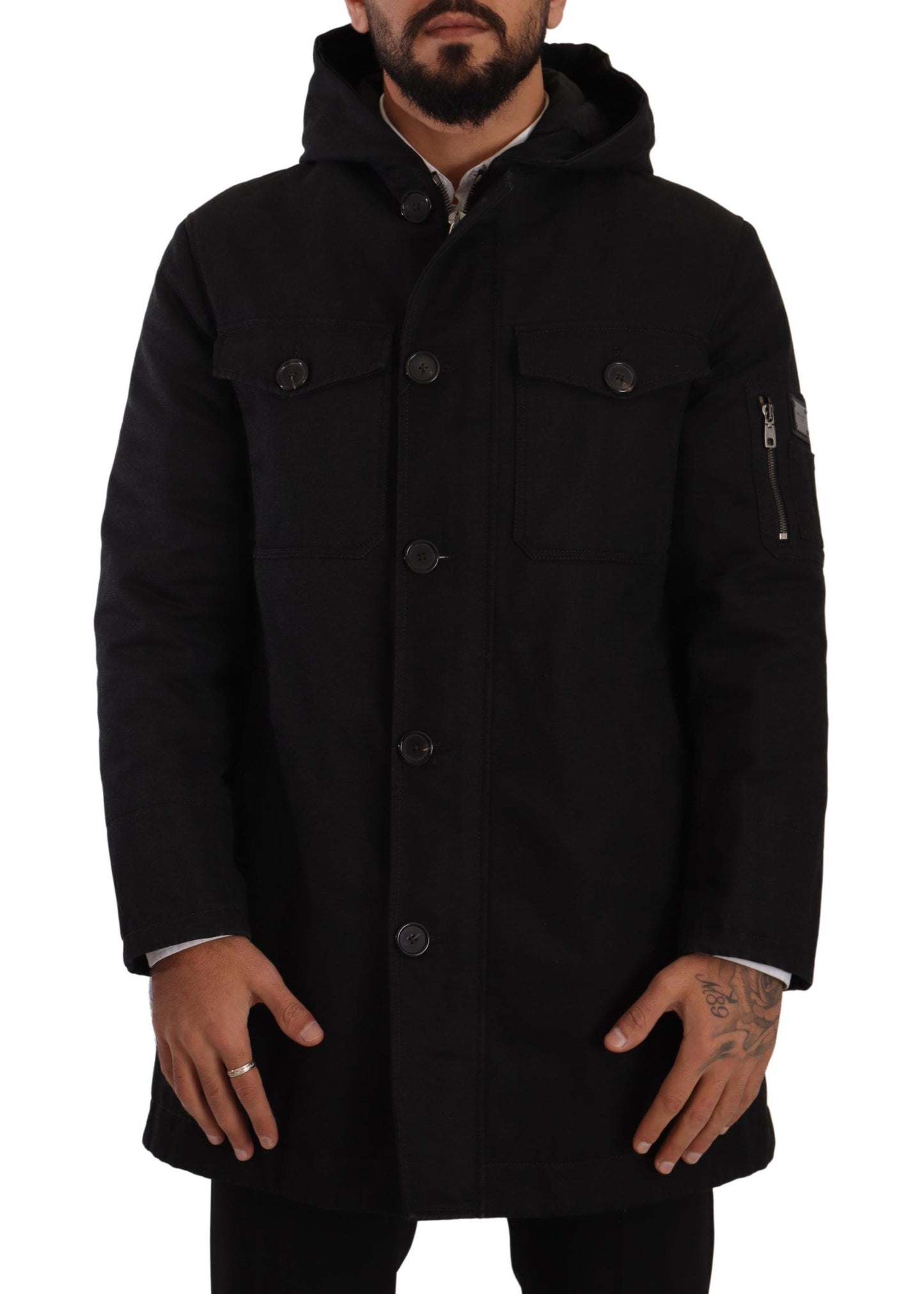 Dolce & Gabbana Black Denim Hooded Parka Coat Winter Jacket Dolce & Gabbana