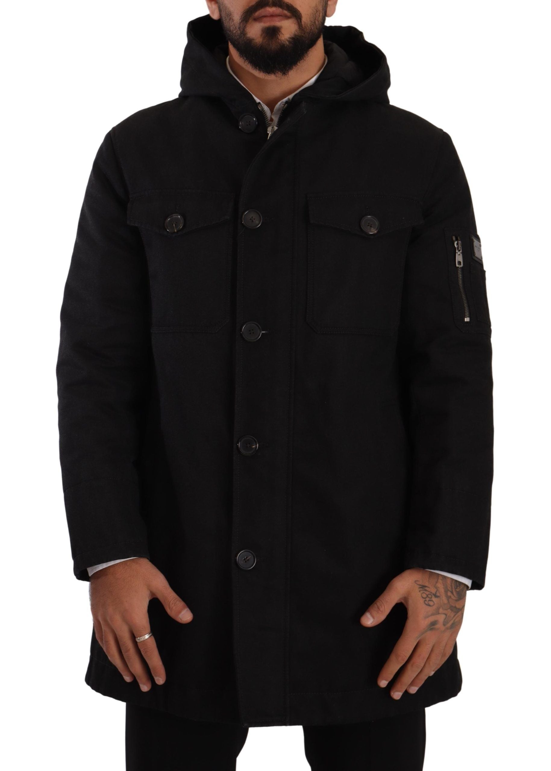 Dolce & Gabbana Black Denim Hooded Parka Coat Winter Jacket Dolce & Gabbana