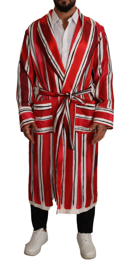 Dolce & Gabbana Red White Striped Silk Mens Night Gown Robe Dolce & Gabbana