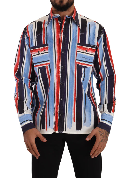 Dolce & Gabbana Red Striped Long Sleeve Cotton Shirt Blue Dolce & Gabbana