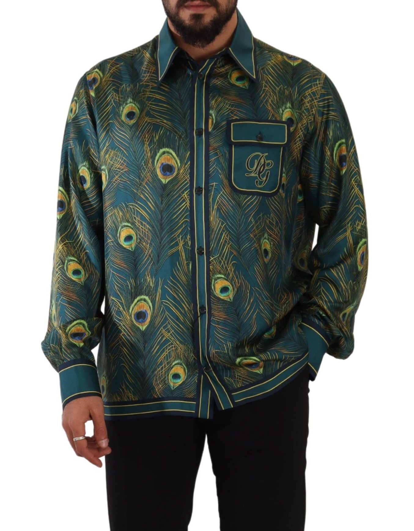 Dolce & Gabbana Peacock Feather Print Silk Pajama Mens Shirt Dolce & Gabbana