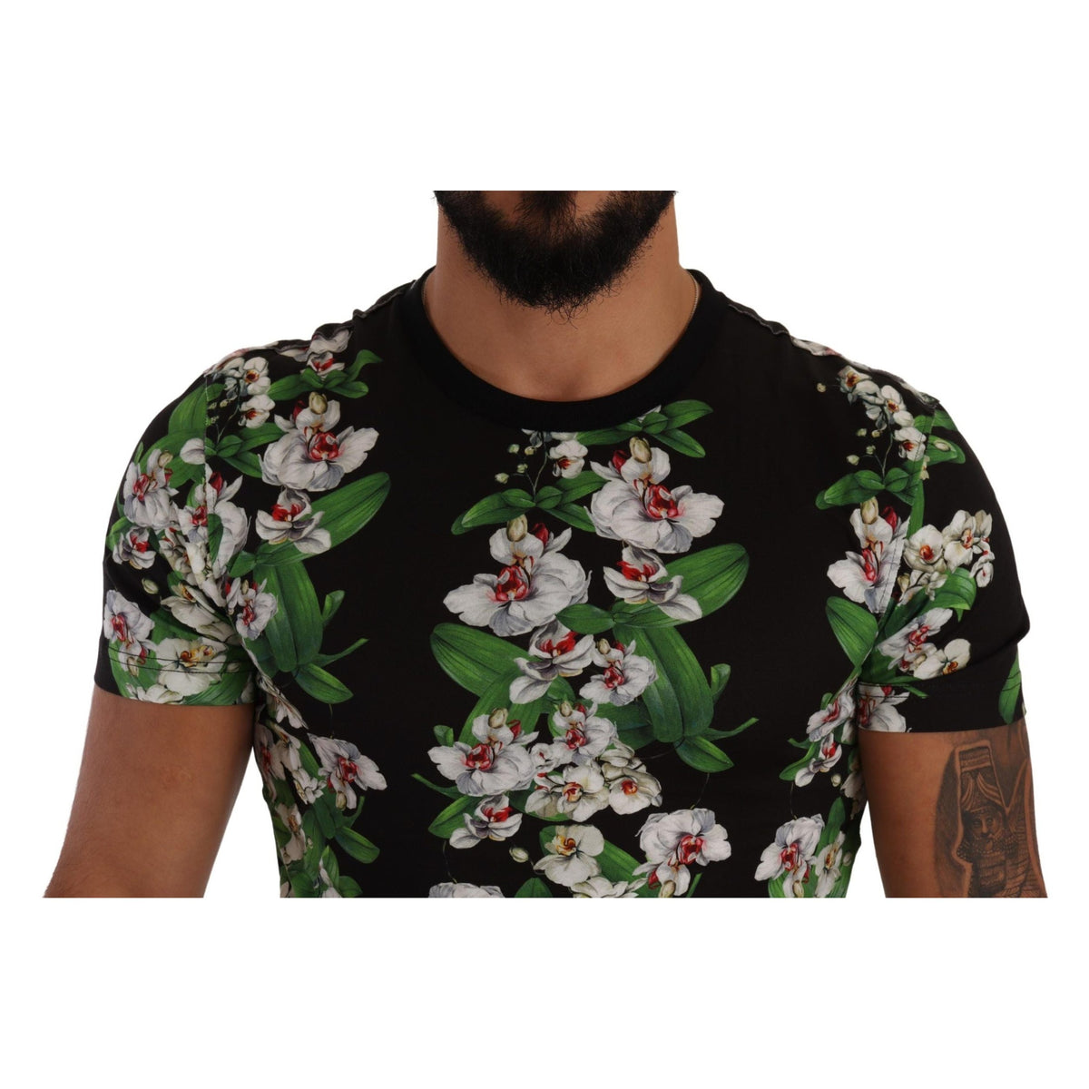 Dolce & Gabbana black floral print crewneck T-shirt with vibrant floral design on soft fabric.