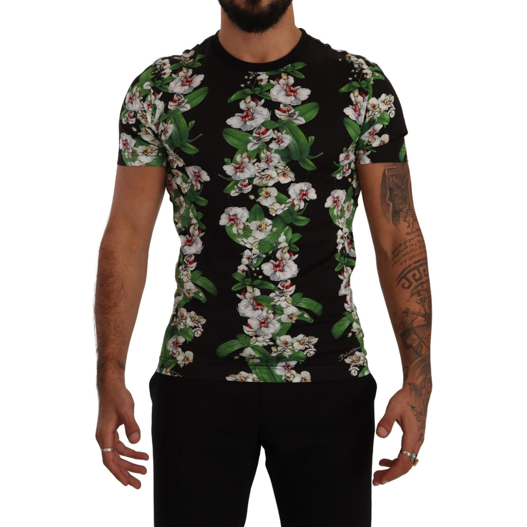 Dolce & Gabbana black floral print crewneck T-shirt with colorful floral pattern on cotton fabric.