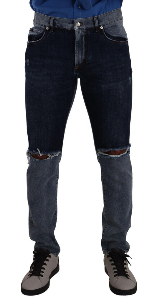 Dolce & Gabbana Blue Two Tone Tattered Cotton Slim Denim Jeans Dolce & Gabbana