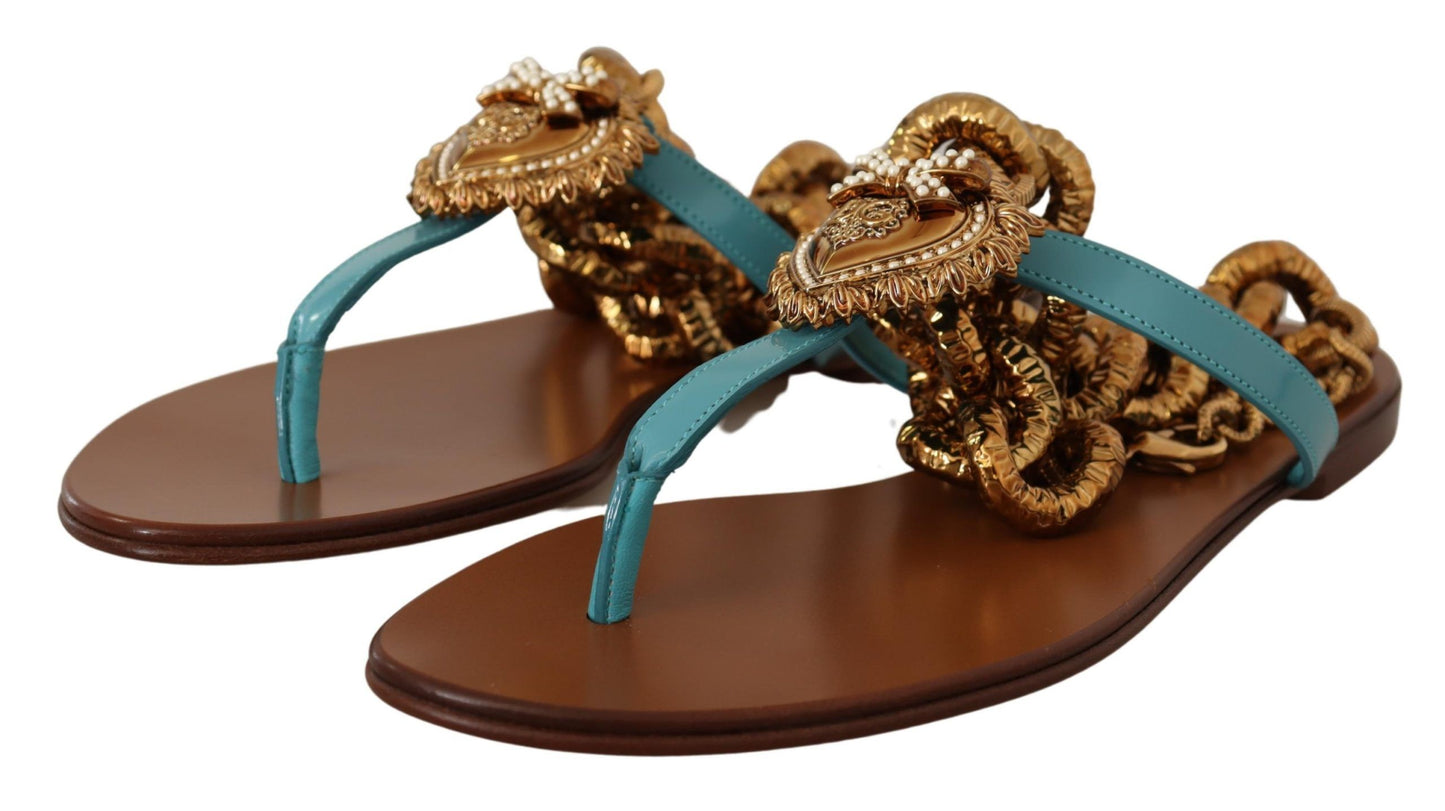 Dolce & Gabbana Blue Leather Devotion Flats Sandals Dolce & Gabbana