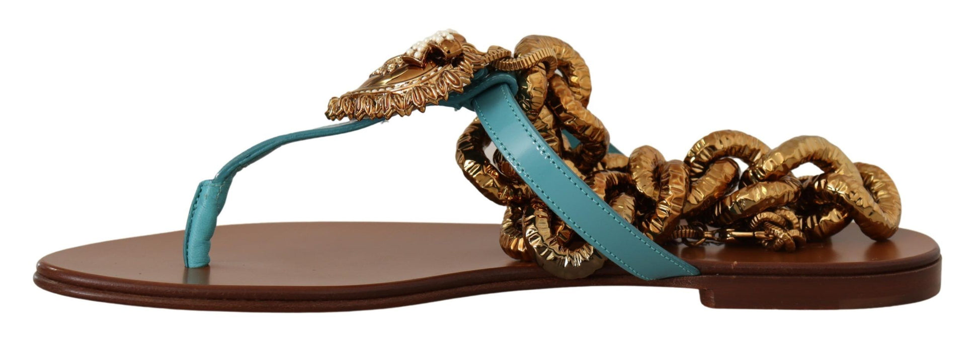 Dolce & Gabbana Blue Leather Devotion Flats Sandals Dolce & Gabbana