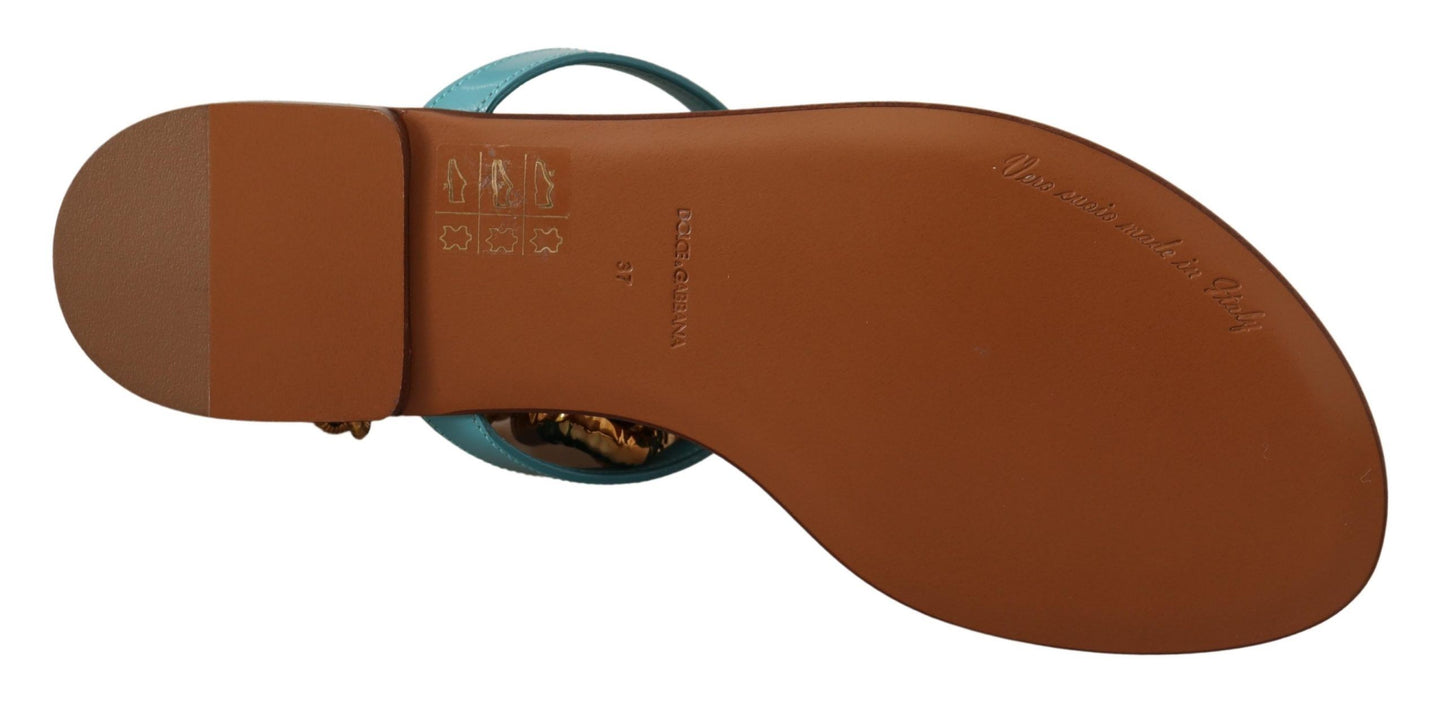 Dolce & Gabbana Blue Leather Devotion Flats Sandals Dolce & Gabbana