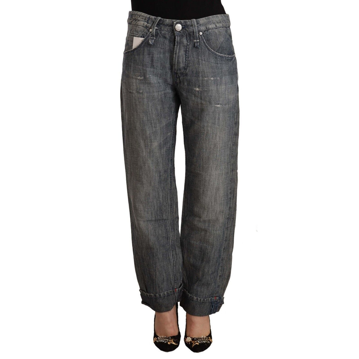 Acht Gray Washed Ramie Straight Denim Folded Hem Jeans