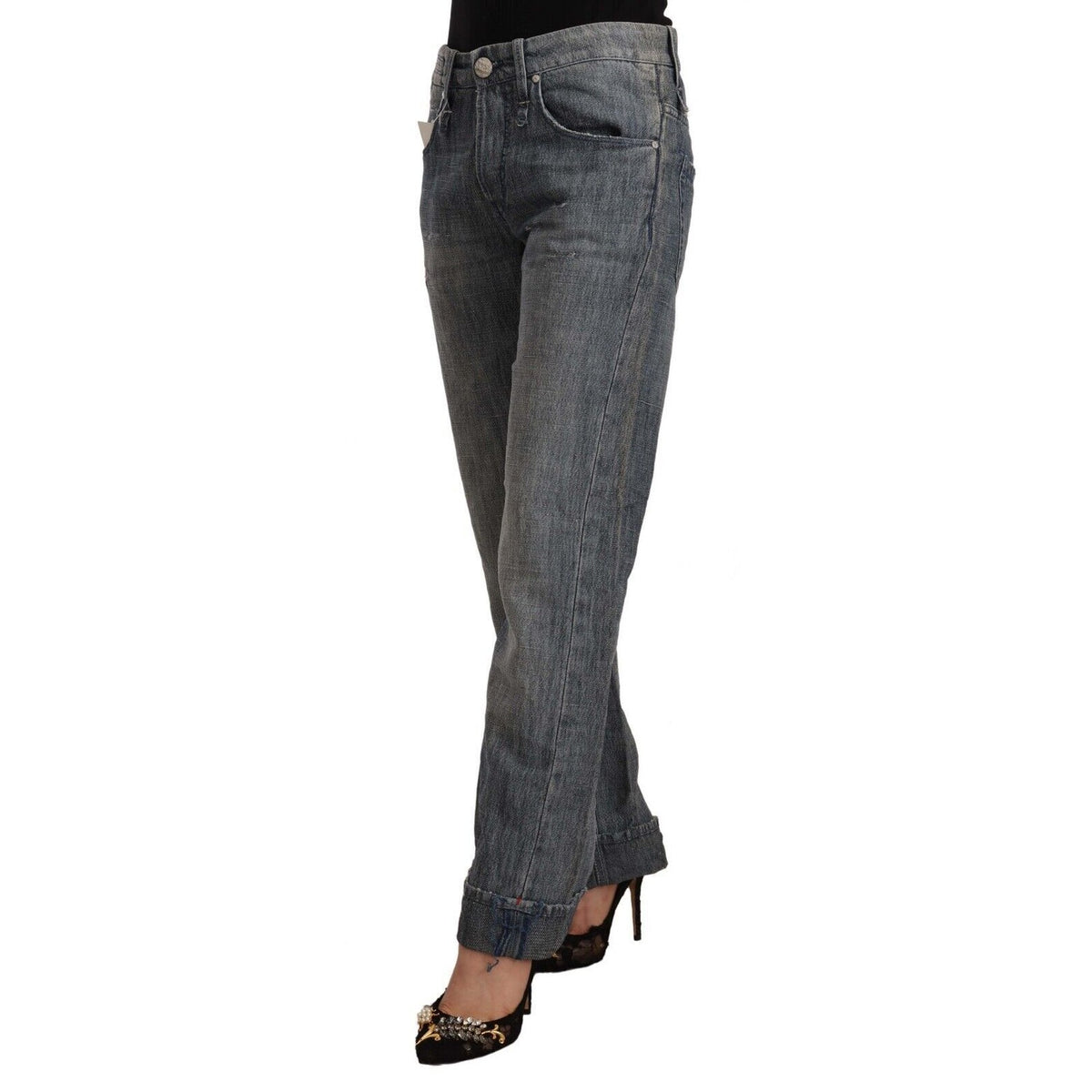 Acht Gray Washed Mid Waist Straight Denim Folded Hem Jeans