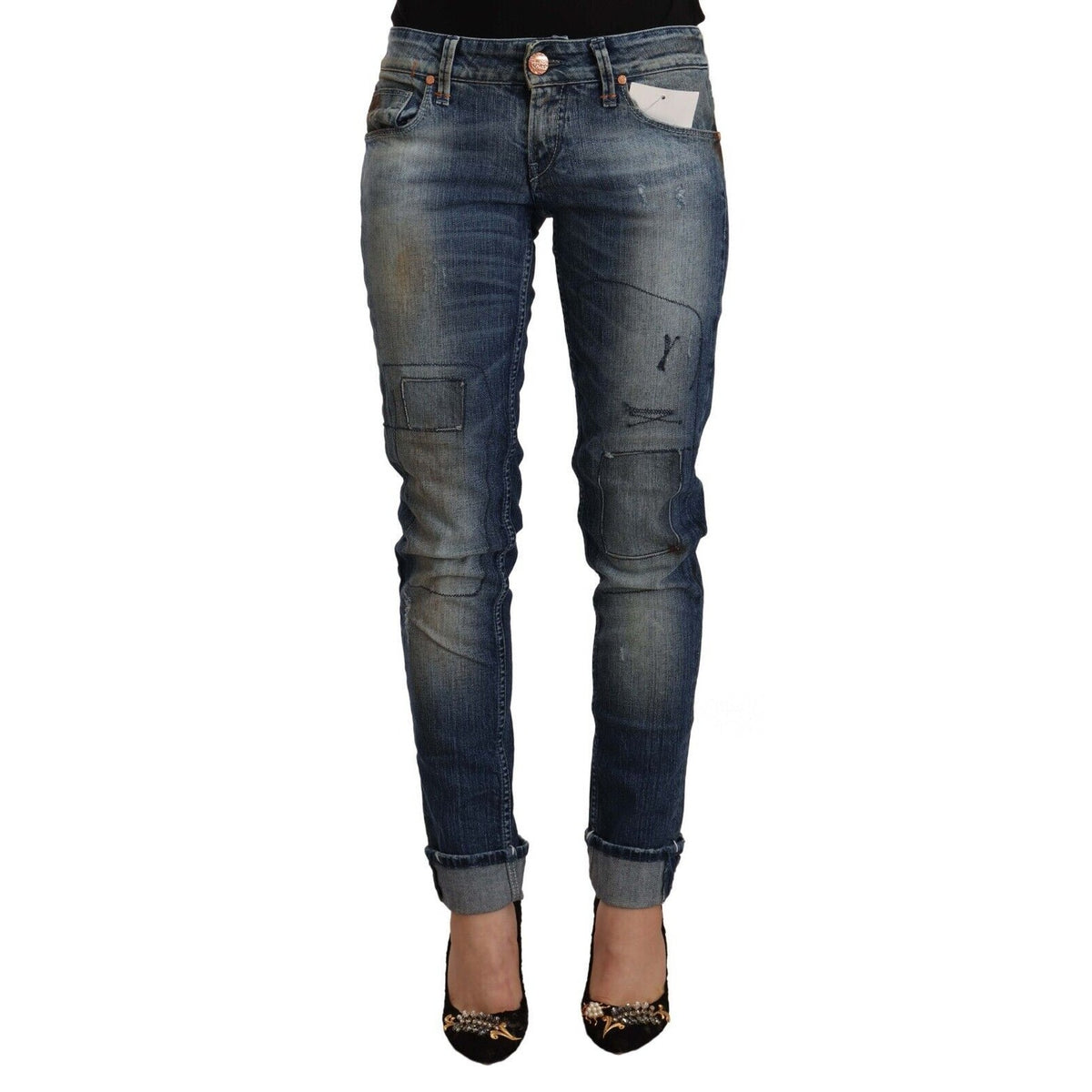 Acht Blue Washed Low Waist Folded Hem Slim Fit Jeans