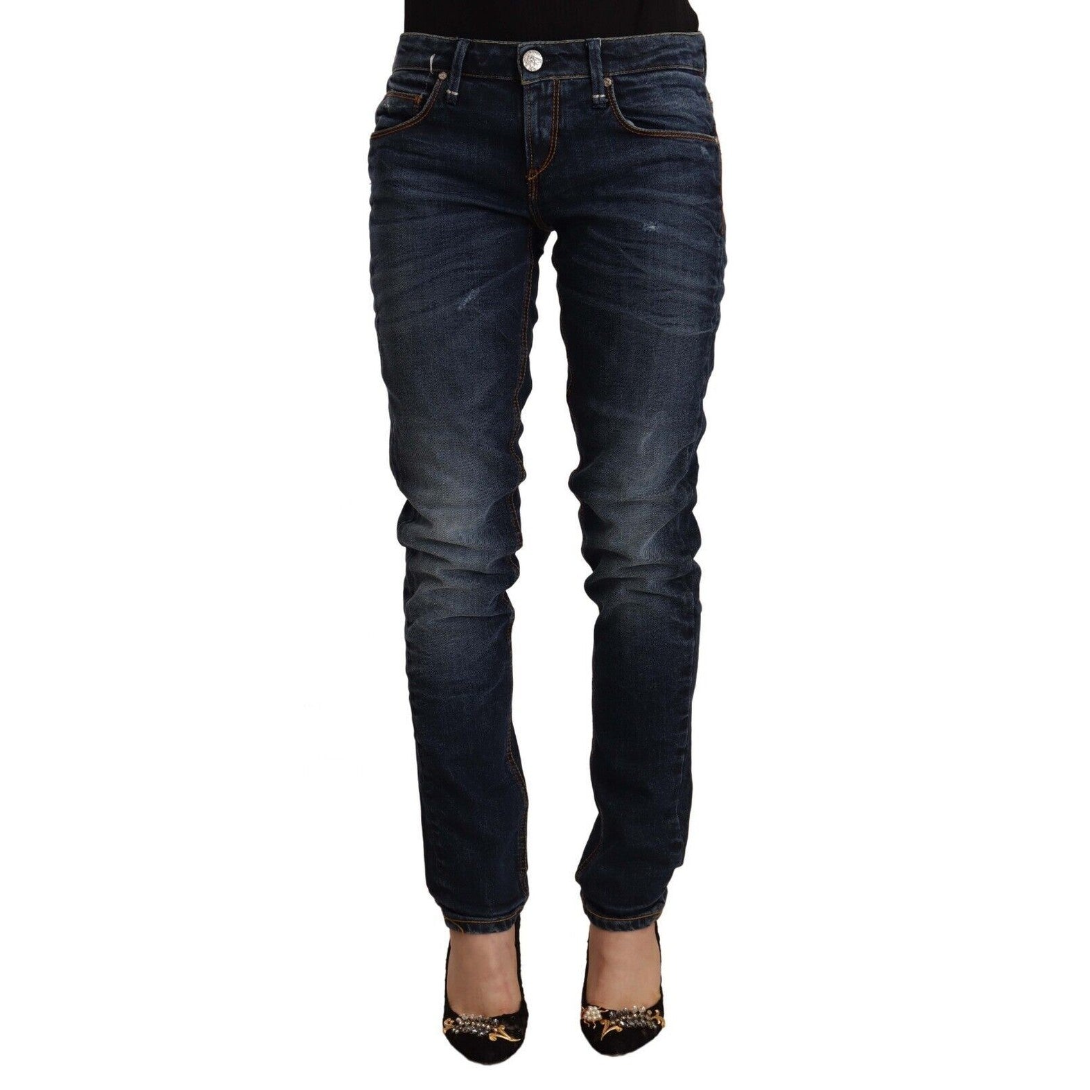 Acht Blue Washed Cotton Mid Waist Skinny Denim Jeans Acht