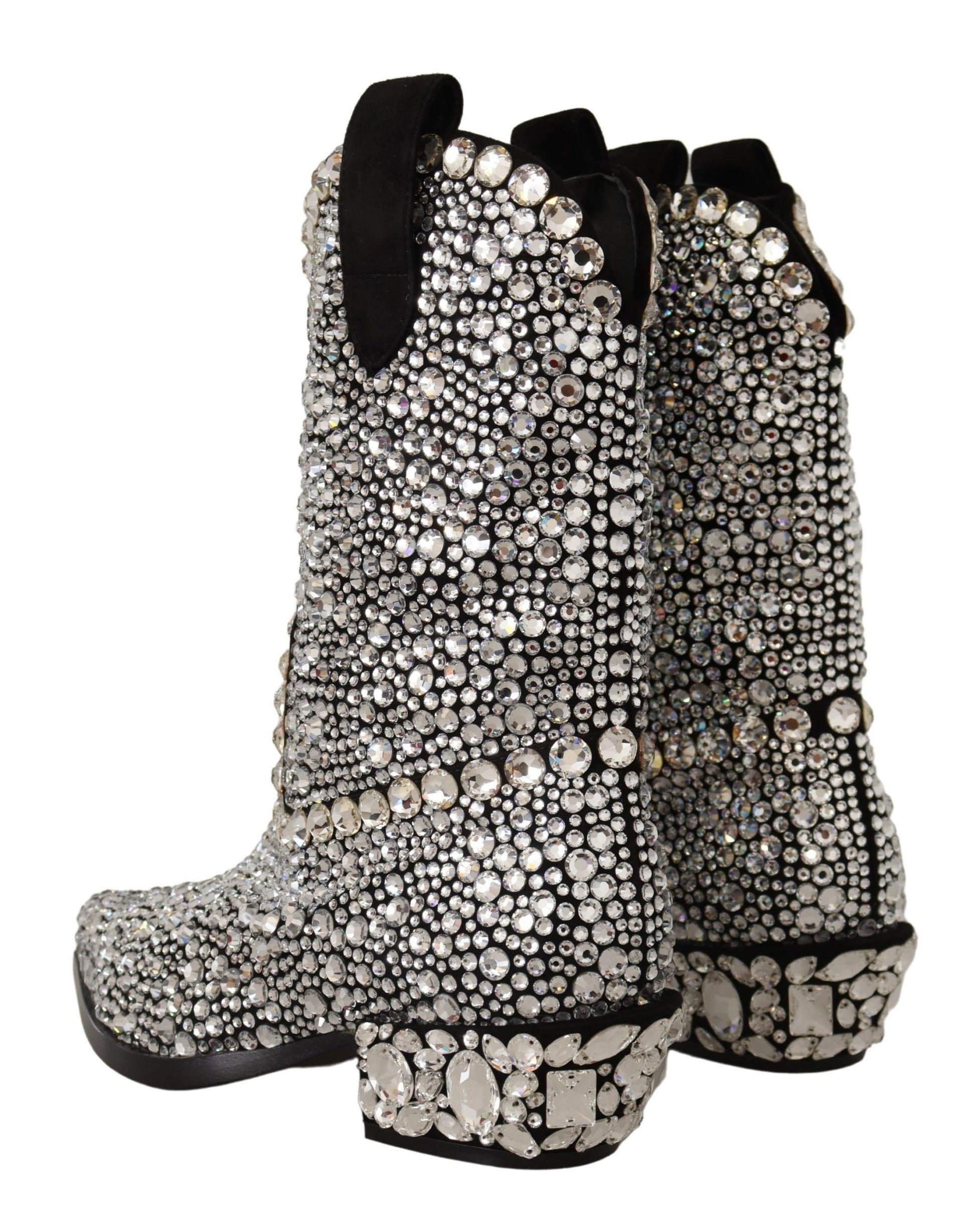 Dolce & Gabbana Black Suede Strass Crystal Cowgirl Boots Dolce & Gabbana