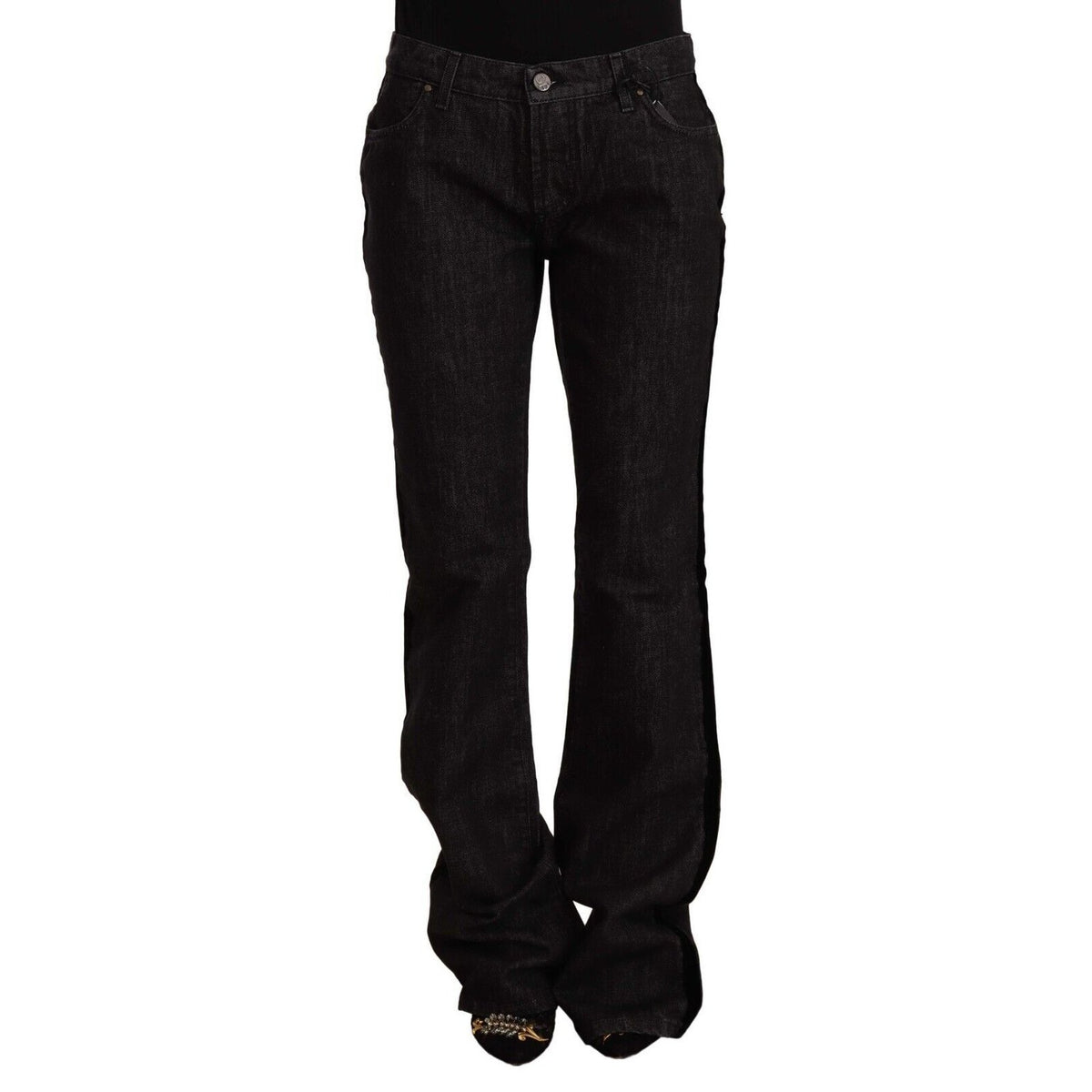 GF Ferre Black Mid Waist Cotton Denim Straight Boot Cut Jeans