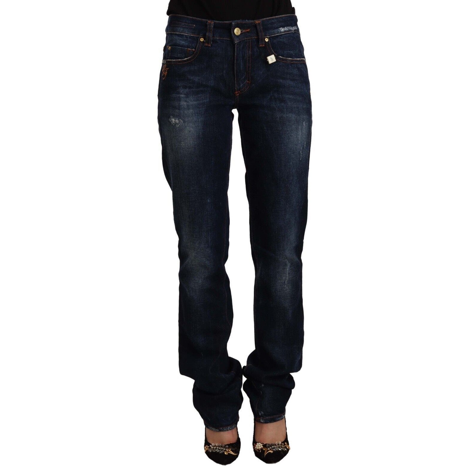 GF Ferre Dark Blue Washed Mid Waist Cotton Denim Straight Jeans GF Ferre