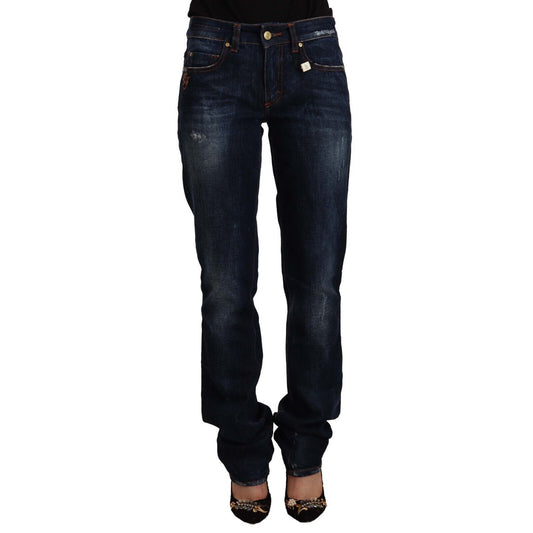 GF Ferre Dark Blue Washed Mid Waist Cotton Denim Straight Jeans GF Ferre