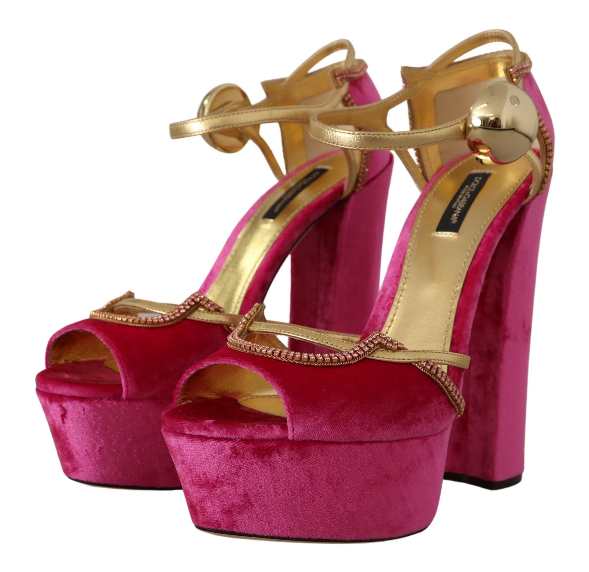 Dolce & Gabbana Pink Velvet Crystal Ankle Strap Sandals Shoes Dolce & Gabbana