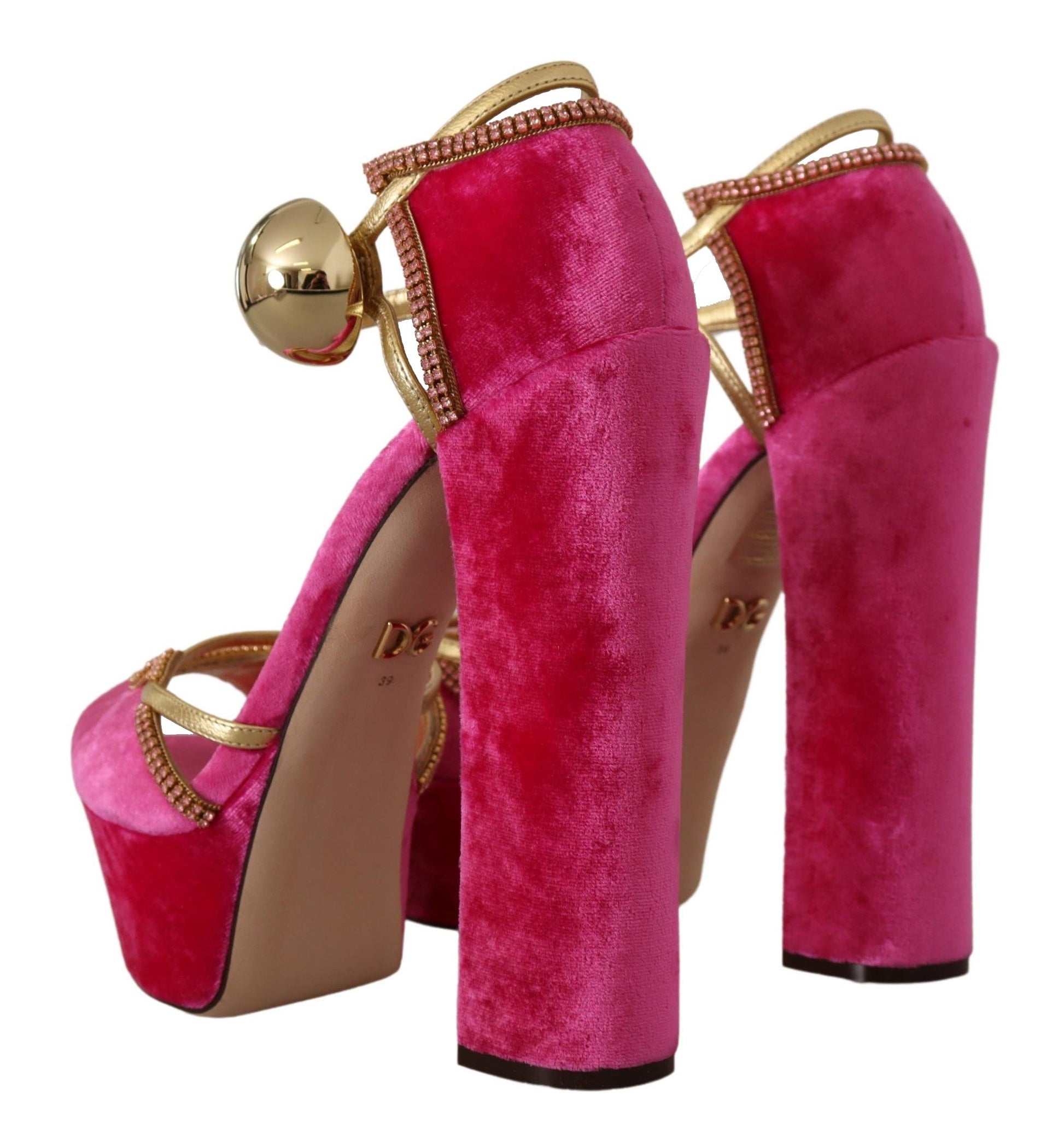 Dolce & Gabbana Pink Velvet Crystal Ankle Strap Sandals Shoes Dolce & Gabbana