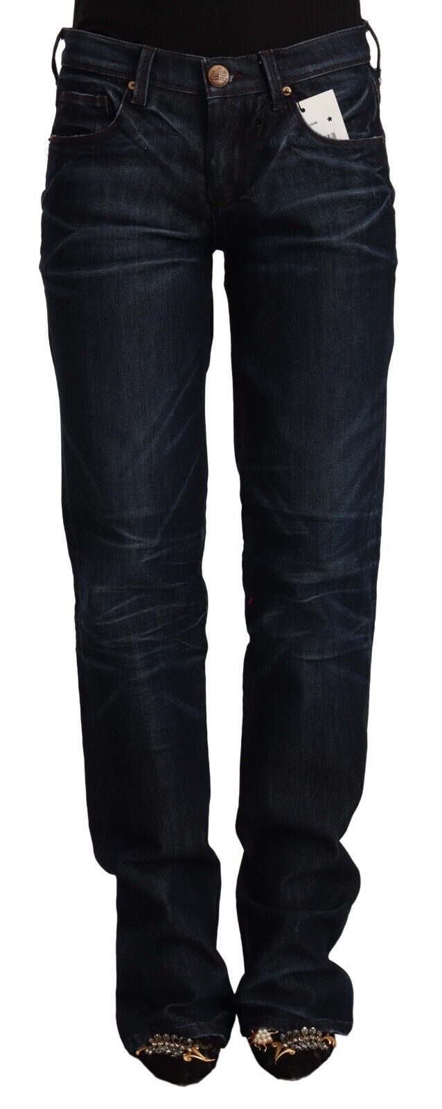 Ermanno Scervino Dark Blue Mid Waist Cotton Denim Straight Jeans Ermanno Scervino