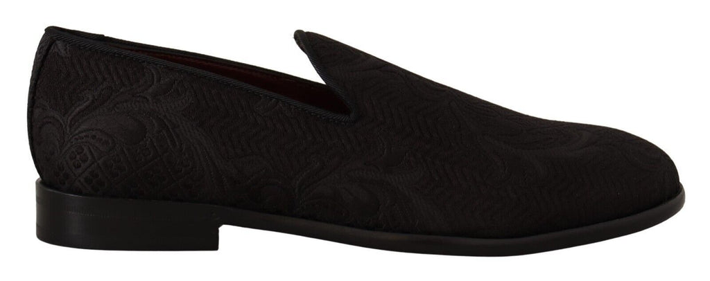 Dolce & Gabbana black floral brocade slippers loafers showing detailed floral pattern and luxurious fabric.