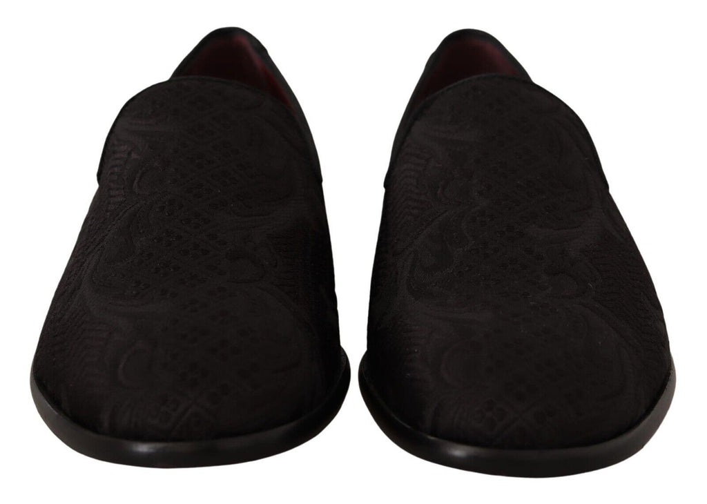 Dolce & Gabbana black floral brocade slippers with loafers design, detailed floral pattern, and luxurious fabric.