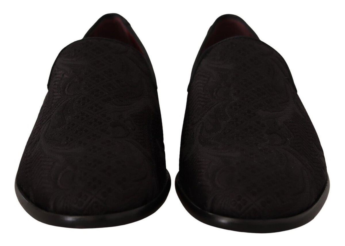 Dolce & Gabbana black floral brocade slippers with loafers design, detailed floral pattern, and luxurious fabric.