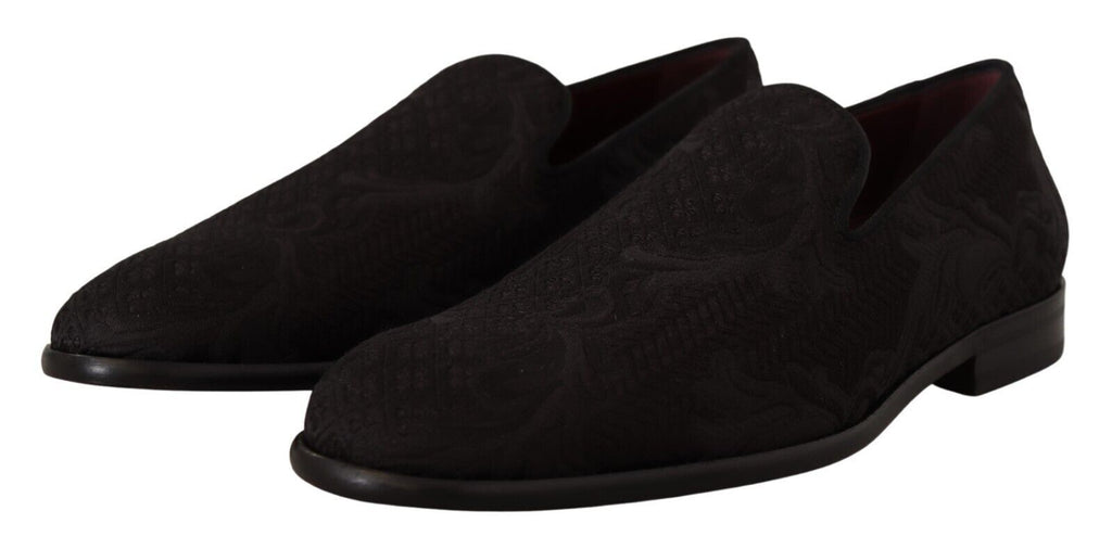 Dolce & Gabbana black floral brocade slippers with loafer style and elegant design, showcasing intricate floral patterns.