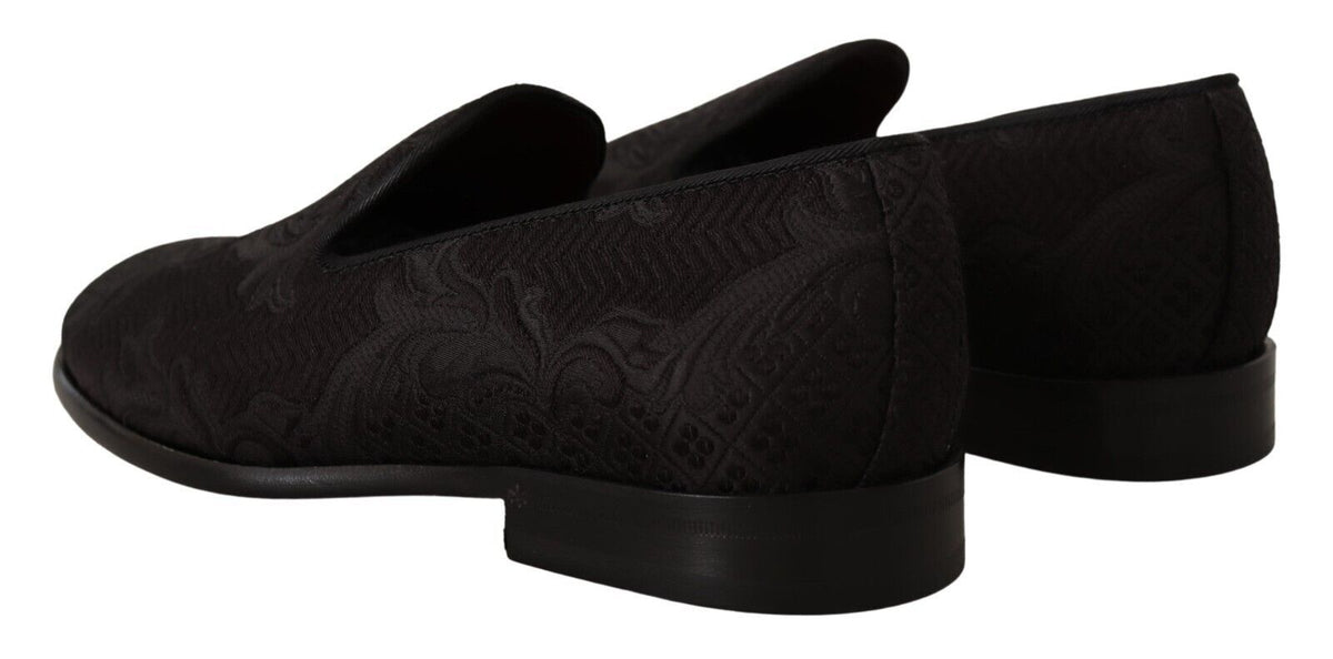 Dolce & Gabbana black floral brocade slippers with loafers design, featuring intricate floral pattern and luxurious fabric.
