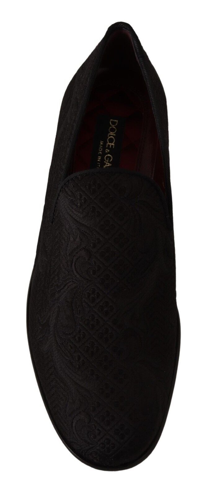 Dolce & Gabbana black floral brocade slippers with loafers style, featuring intricate floral pattern and elegant design.