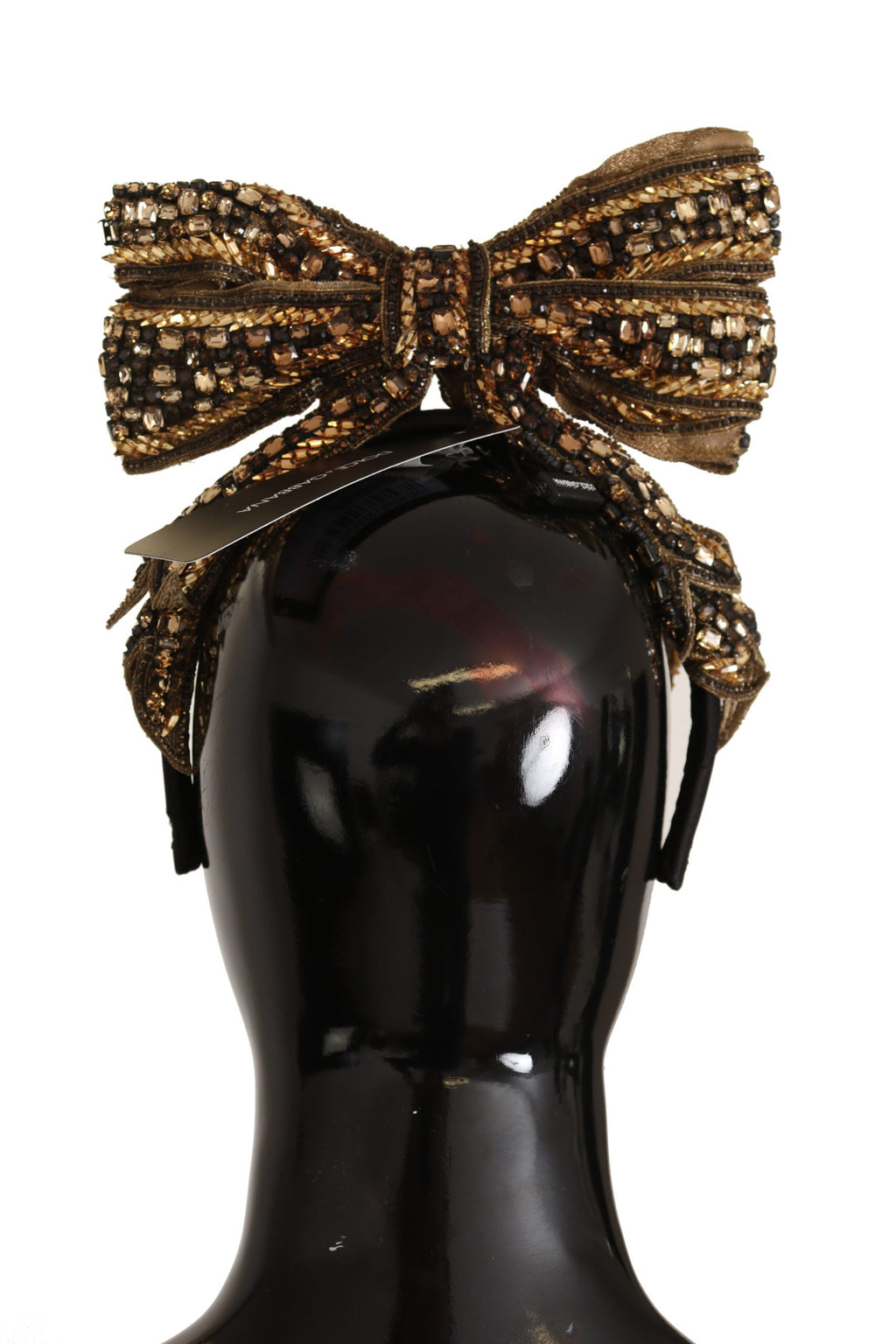 Dolce & Gabbana gold crystal beaded sequined silk bow headband with a decorative diadem design.