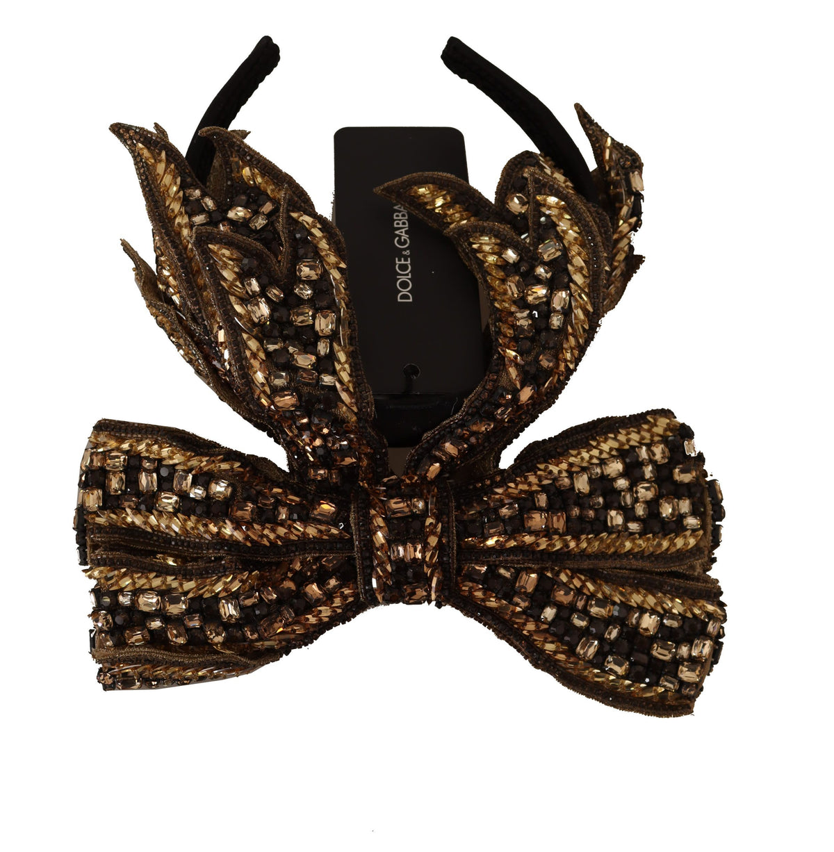 Dolce & Gabbana gold crystal beaded sequined silk bow headband with intricate detailing and elegant design.