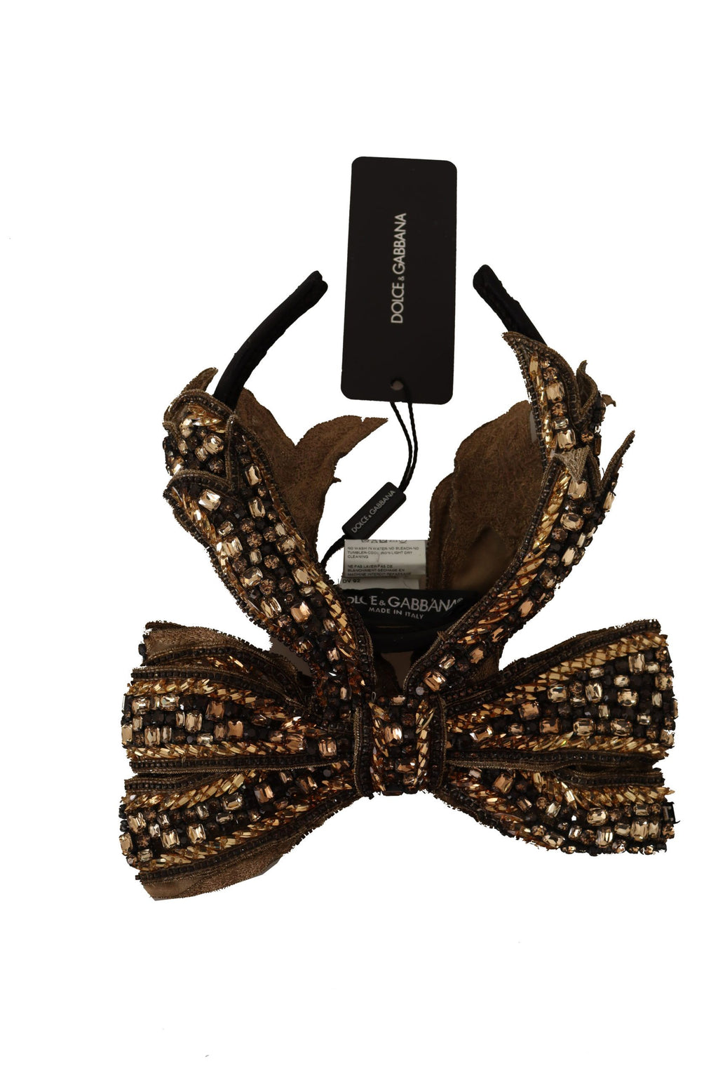 Dolce & Gabbana gold crystal beaded sequined silk bow headband with a decorative diadem design.