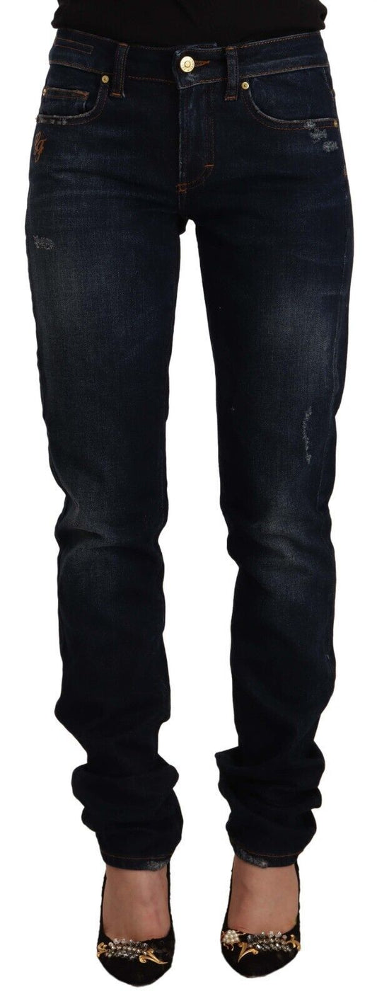 GF Ferre Dark Blue Washed Mid Waist Cotton Denim Skinny Jeans GF Ferre