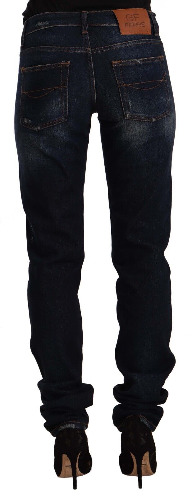 GF Ferre Dark Blue Washed Mid Waist Cotton Denim Skinny Jeans GF Ferre