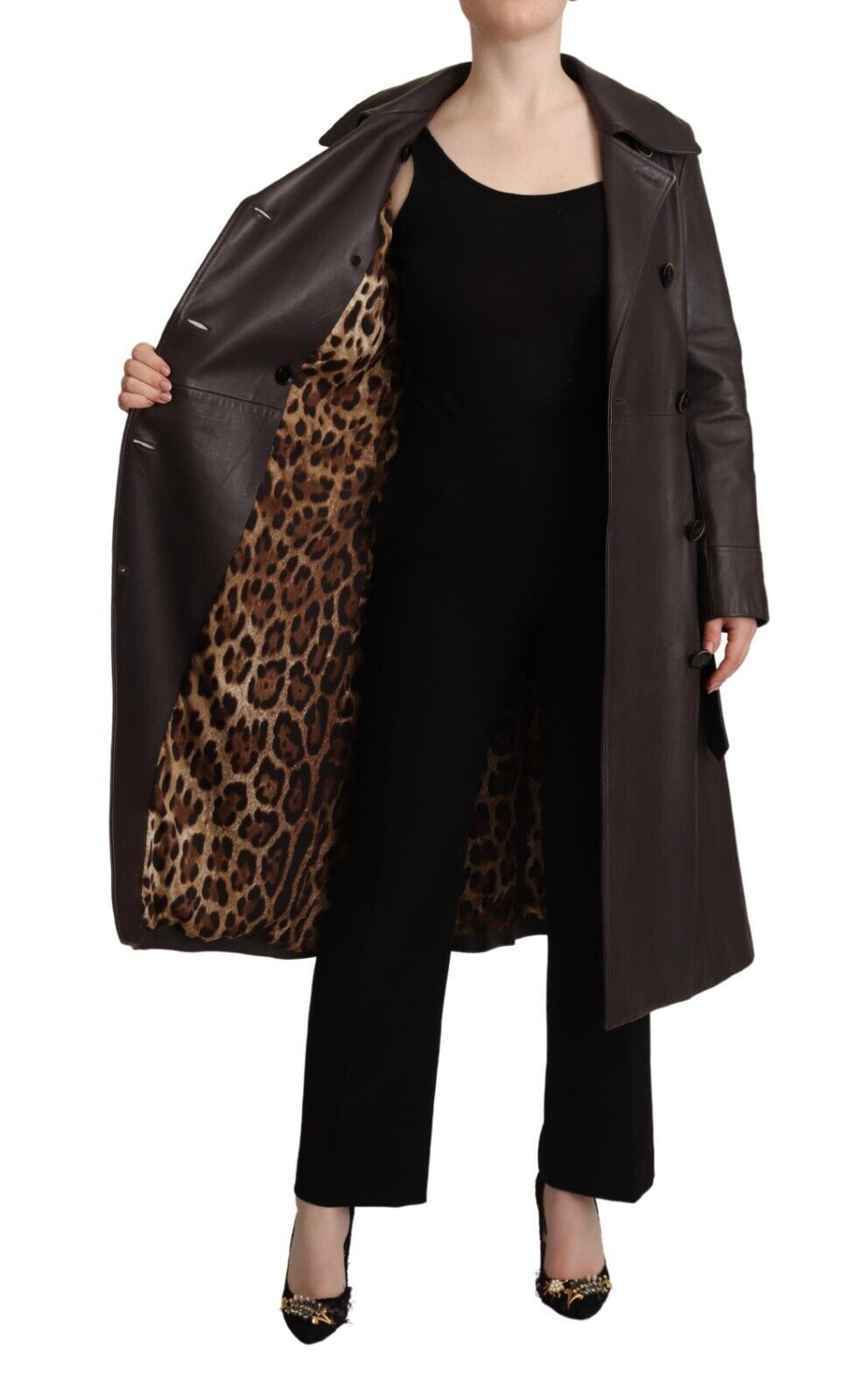 Dolce & Gabbana Dark Brown Leather Long Sleeves Belted Jacket Dolce & Gabbana