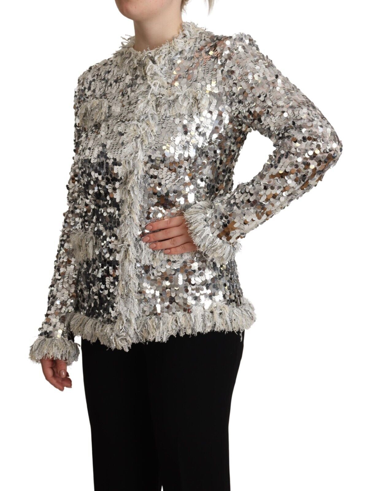Dolce & Gabbana Silver Sequined Shearling Long Sleeves Jacket Dolce & Gabbana