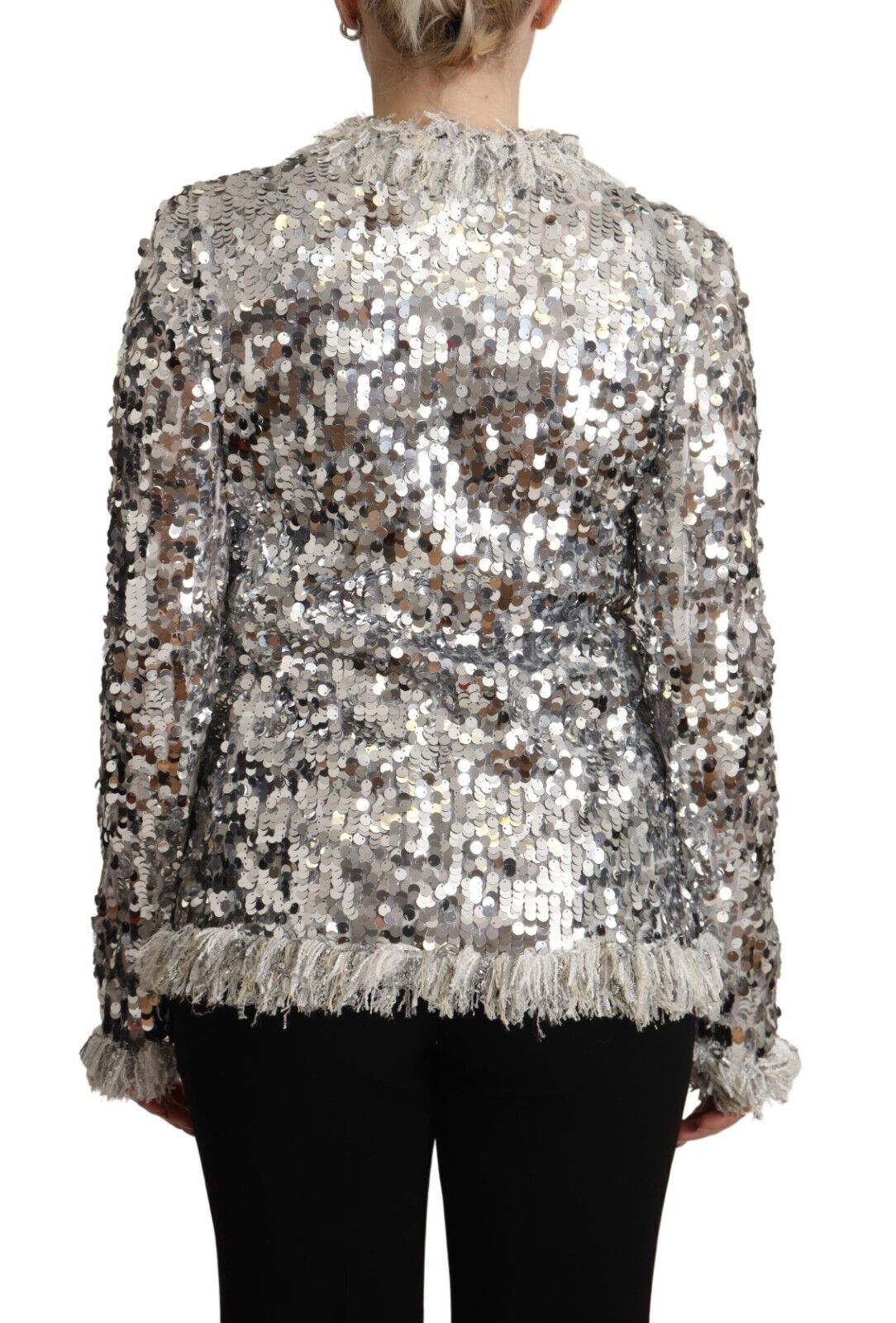 Dolce & Gabbana Silver Sequined Shearling Long Sleeves Jacket Dolce & Gabbana