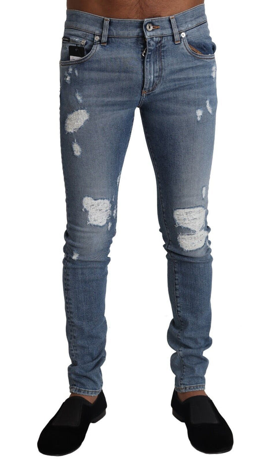 Dolce & Gabbana Light Blue Tattered Cotton Denim Skinny Jeans Dolce & Gabbana