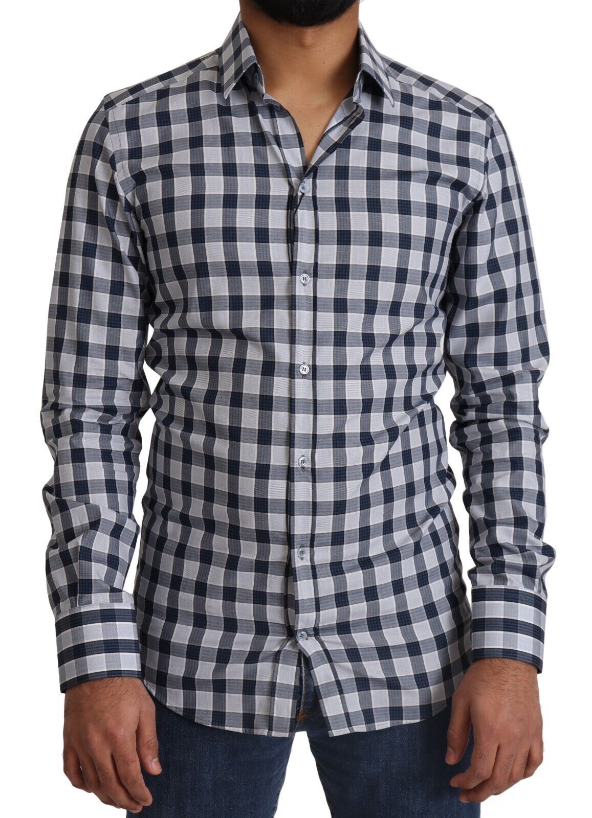 Dolce & Gabbana Blue White Check Cotton Slim Fit GOLD Shirt Dolce & Gabbana