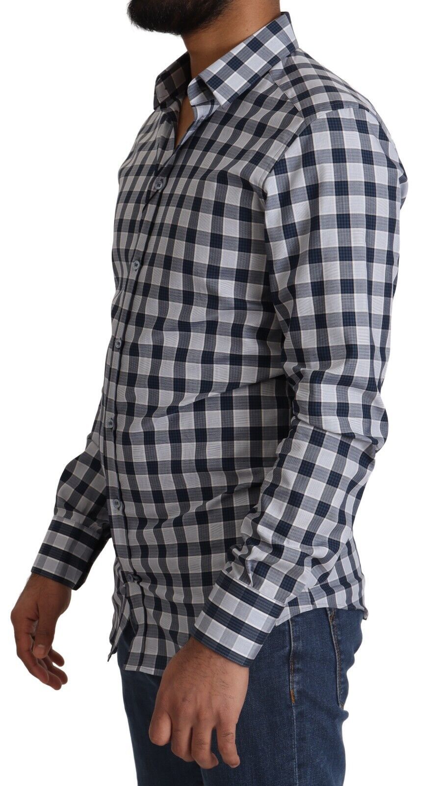 Dolce & Gabbana Blue White Check Cotton Slim Fit GOLD Shirt Dolce & Gabbana