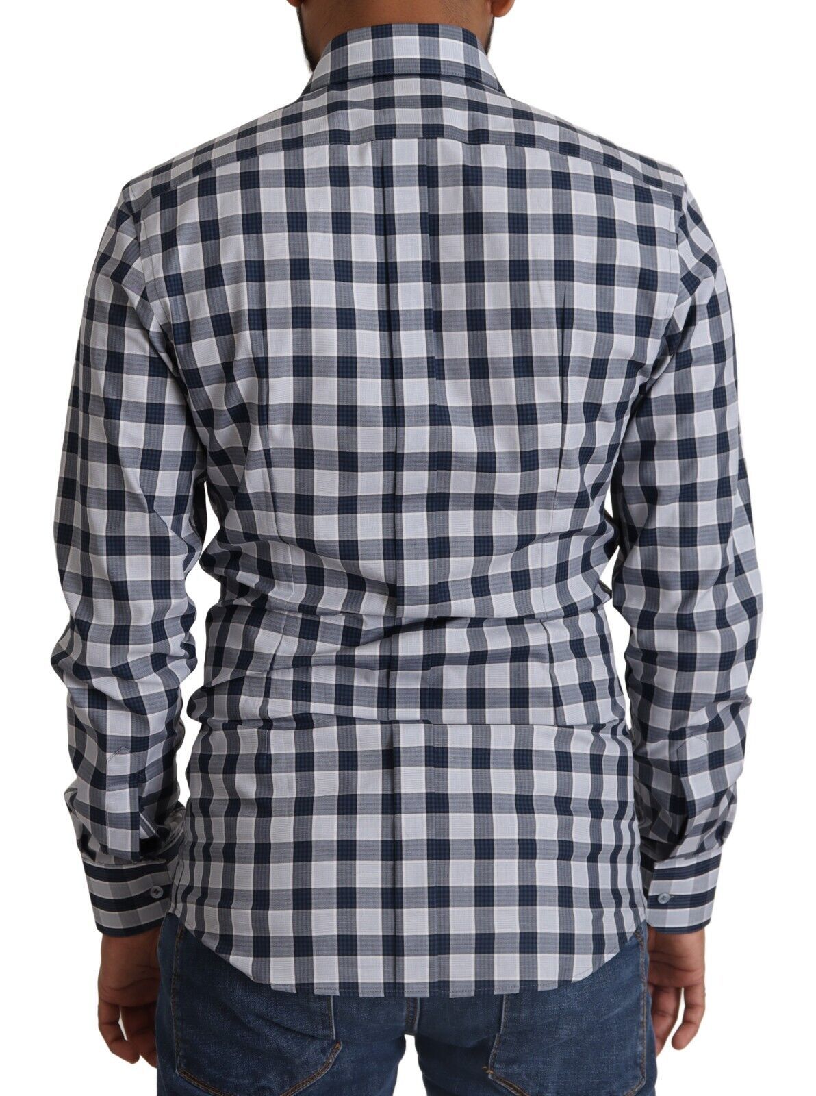Dolce & Gabbana Blue White Check Cotton Slim Fit GOLD Shirt Dolce & Gabbana