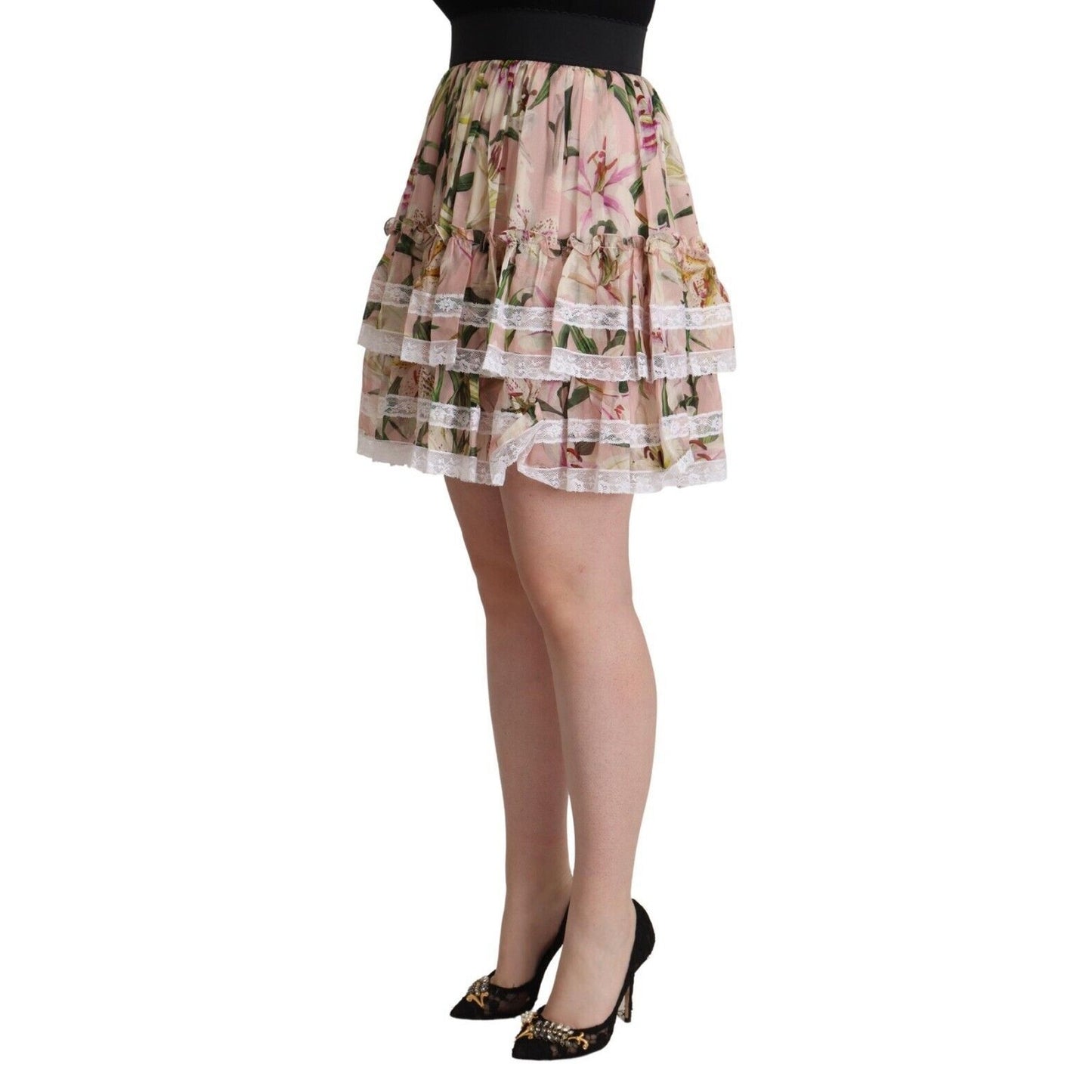 Dolce & Gabbana Pink Lily Print Silk Mini Tiered A-line Skirt