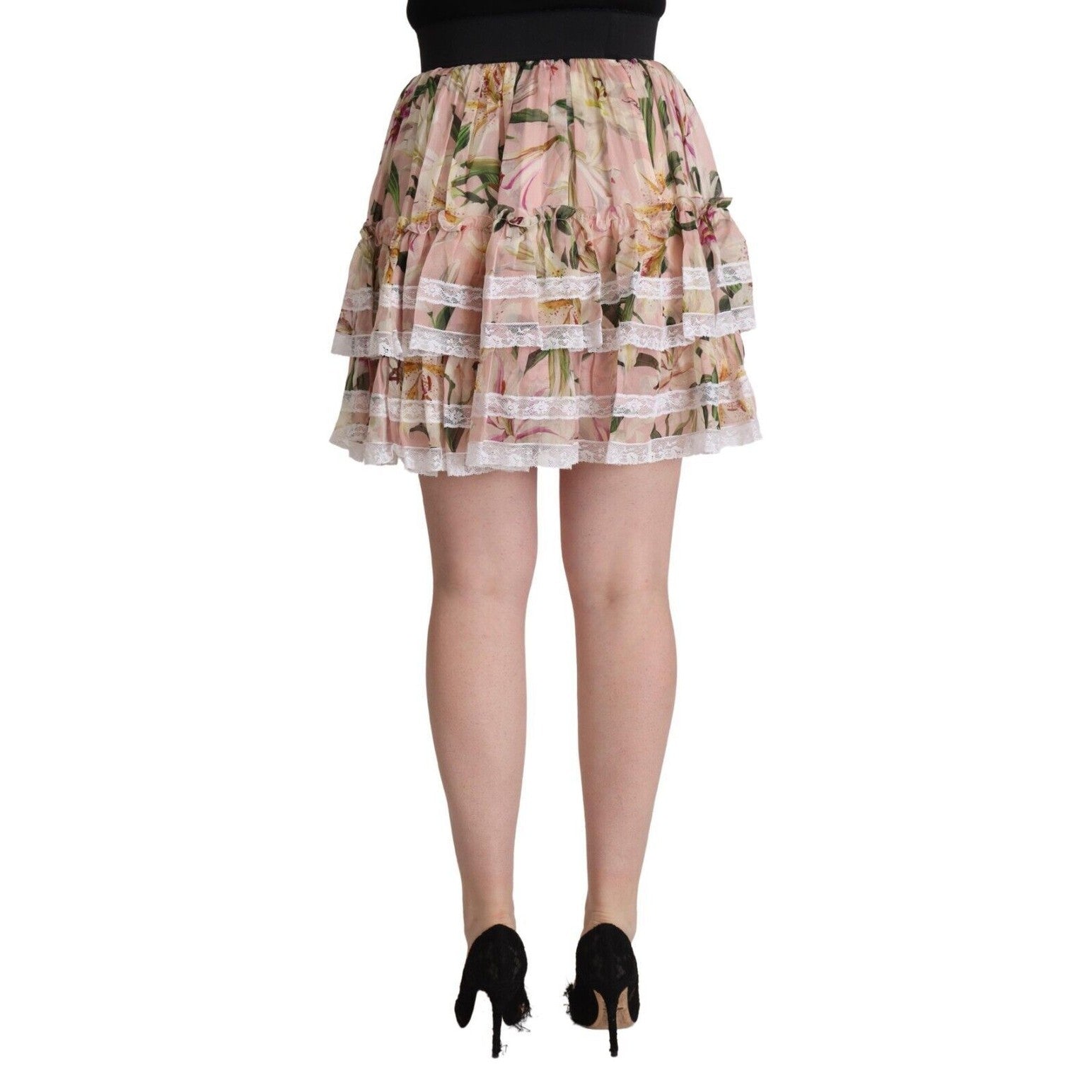Dolce & Gabbana Pink Lily Print Silk Mini Tiered A-line Skirt